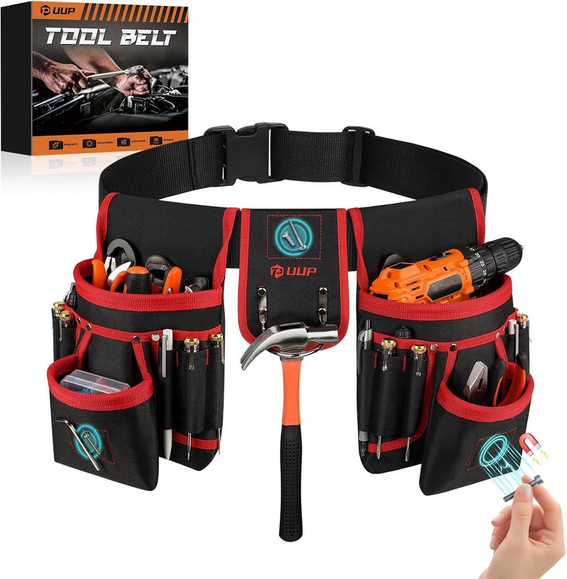 UUP Magnetic Tool Belt for Men, 26 Pockets Heavy Duty Tool Pouch, Magnet Holster Nail Utility Toolbelt Detachable Adjustable Waist Holder, Handyman Contractor Mechanic Plumber Roofer Valentine's Gift -Red - Image 1